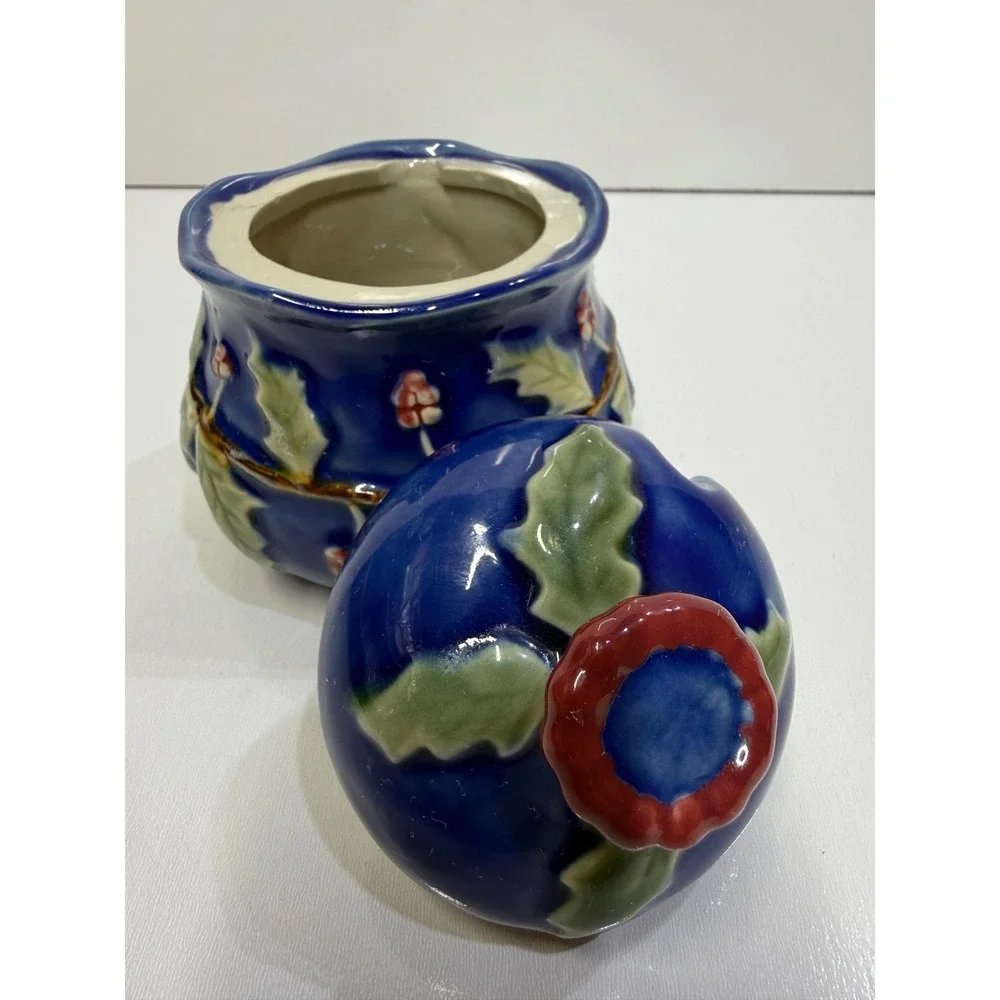 Blue Ceramic Holly Berry Jam Honey Pot with Lid Christmas Holiday Decor